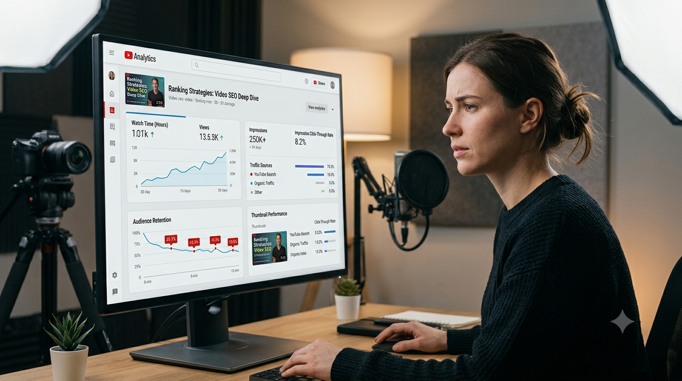 YouTube Analytics metrics including CTR retention and watch time